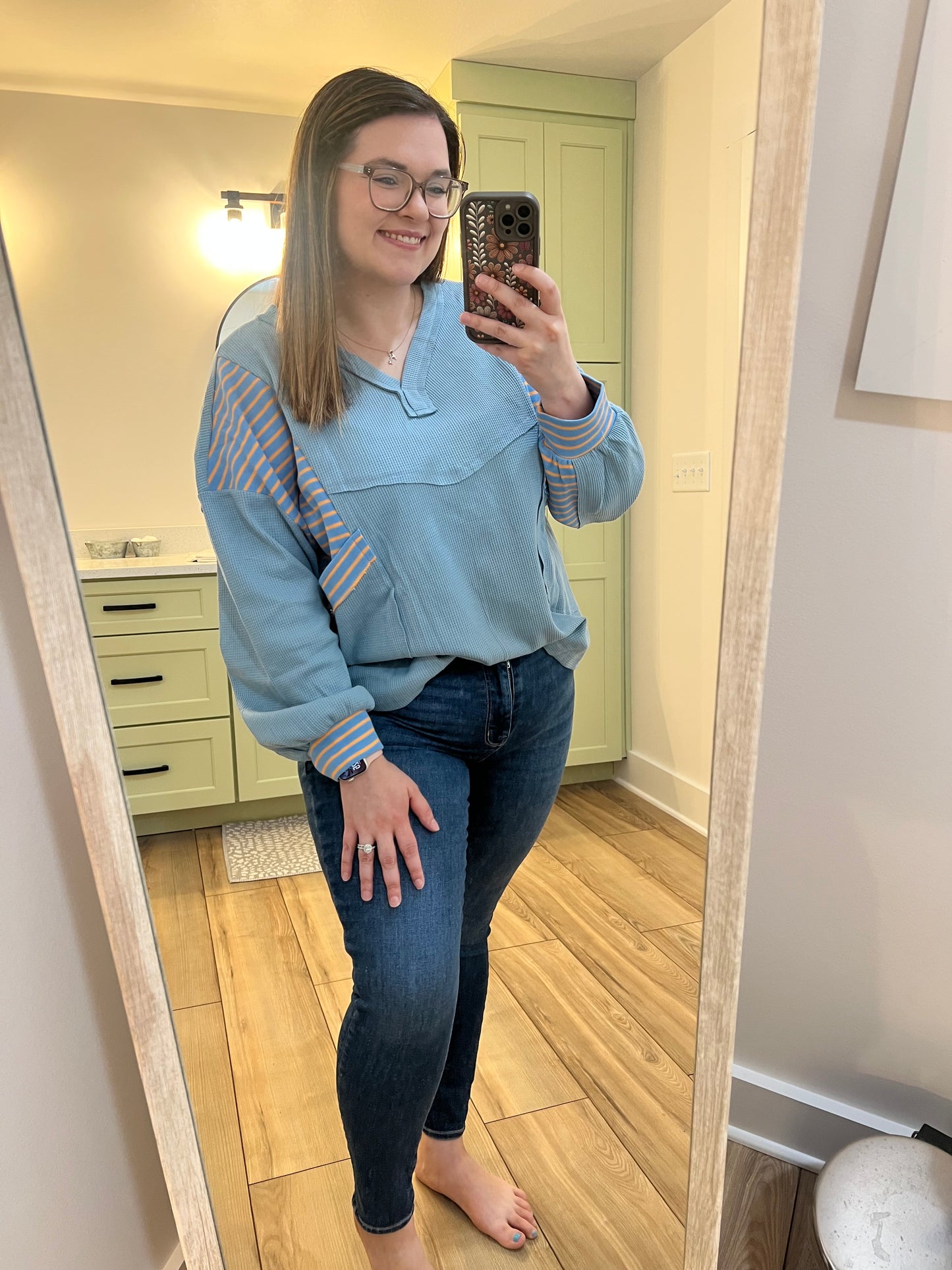 Exposed Seam Waffle Blue Striped Long Sleeve Top