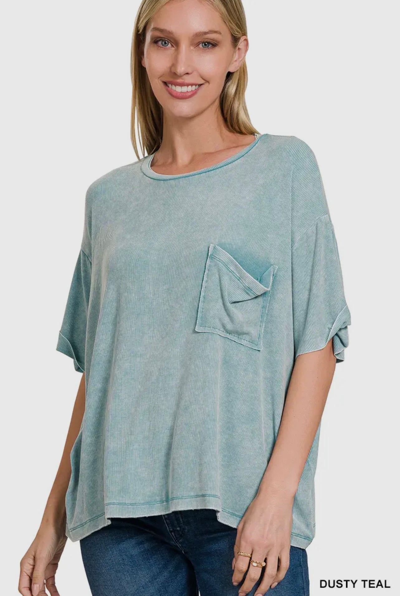Washed Ribbed Cuffed Short Sleeve Round Neck Top