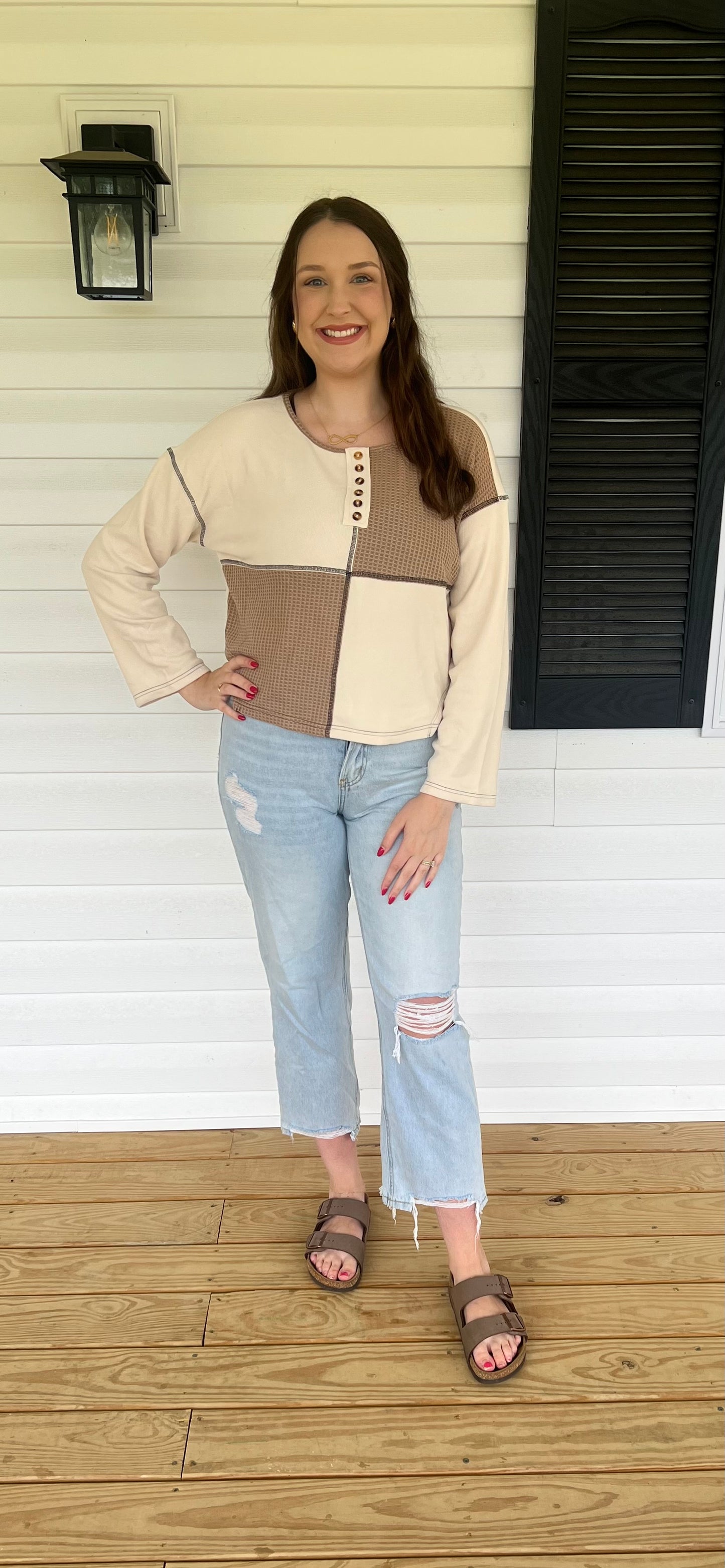 Beige Color Block Waffle Knit Long Sleeve Top