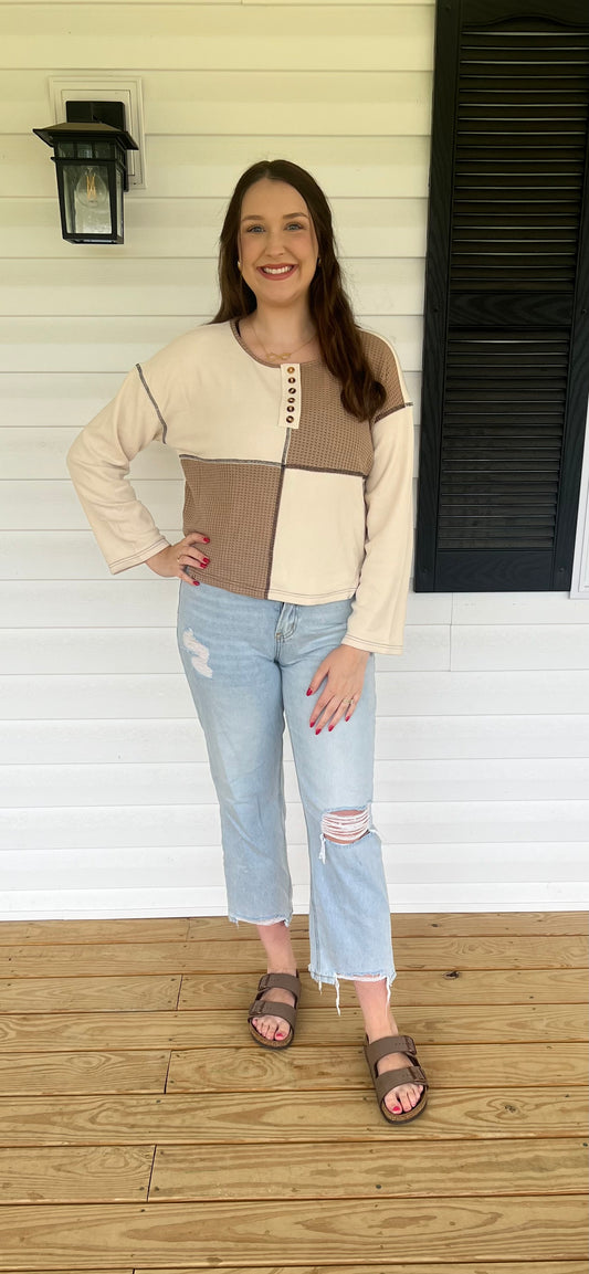 Beige Color Block Waffle Knit Long Sleeve Top