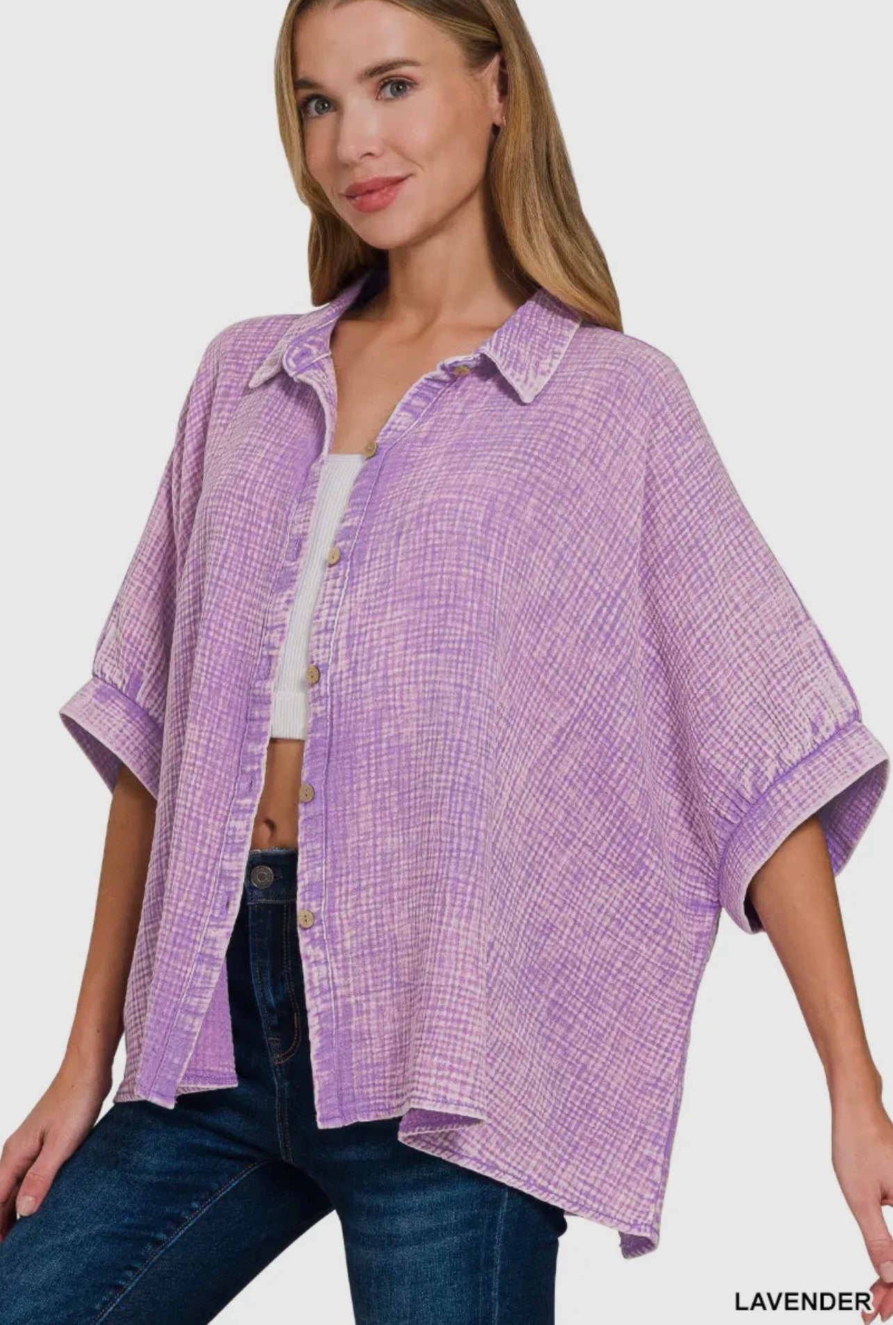 Zenana Washed Gauze Button Up