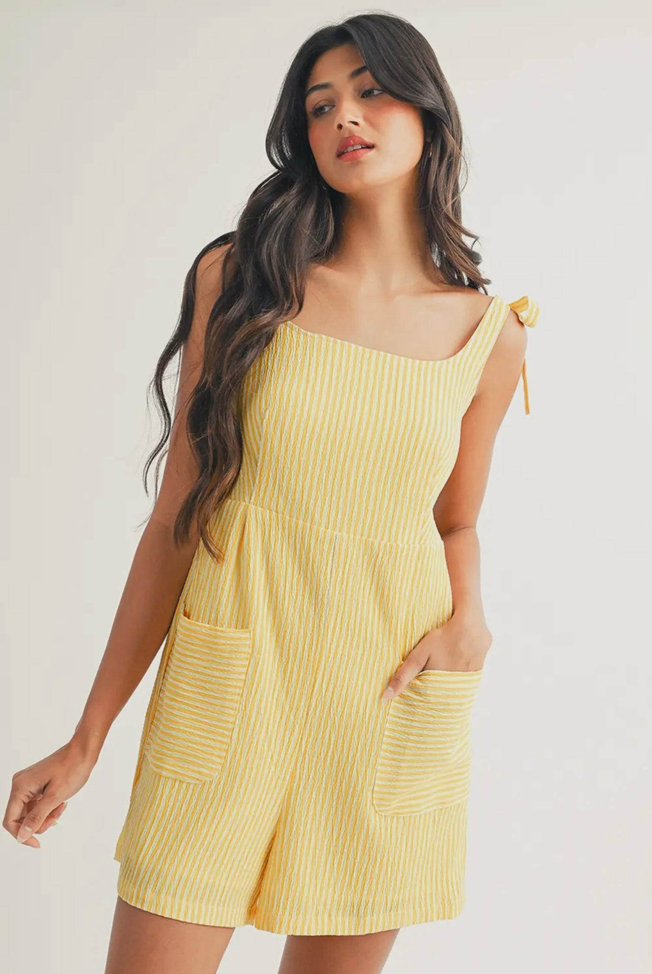 Yellow Stripe Shoulder Tie Smocked Back Romper