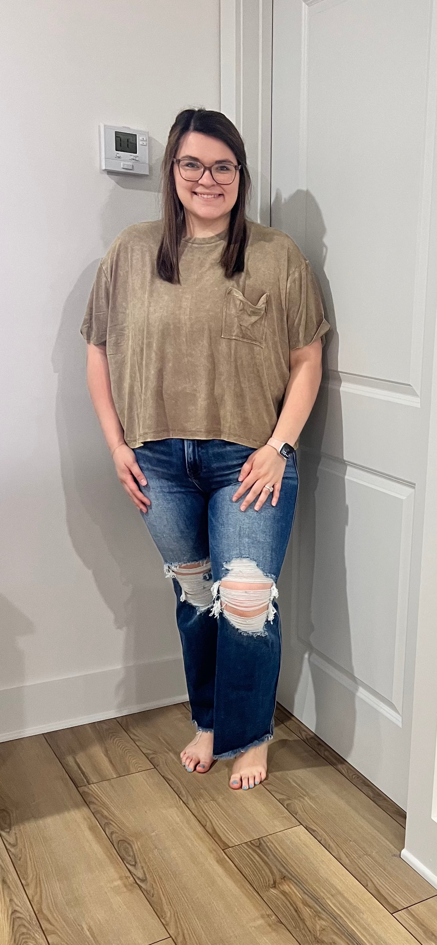 Washed Ribbed Cuffed Short Sleeve Round Neck Top