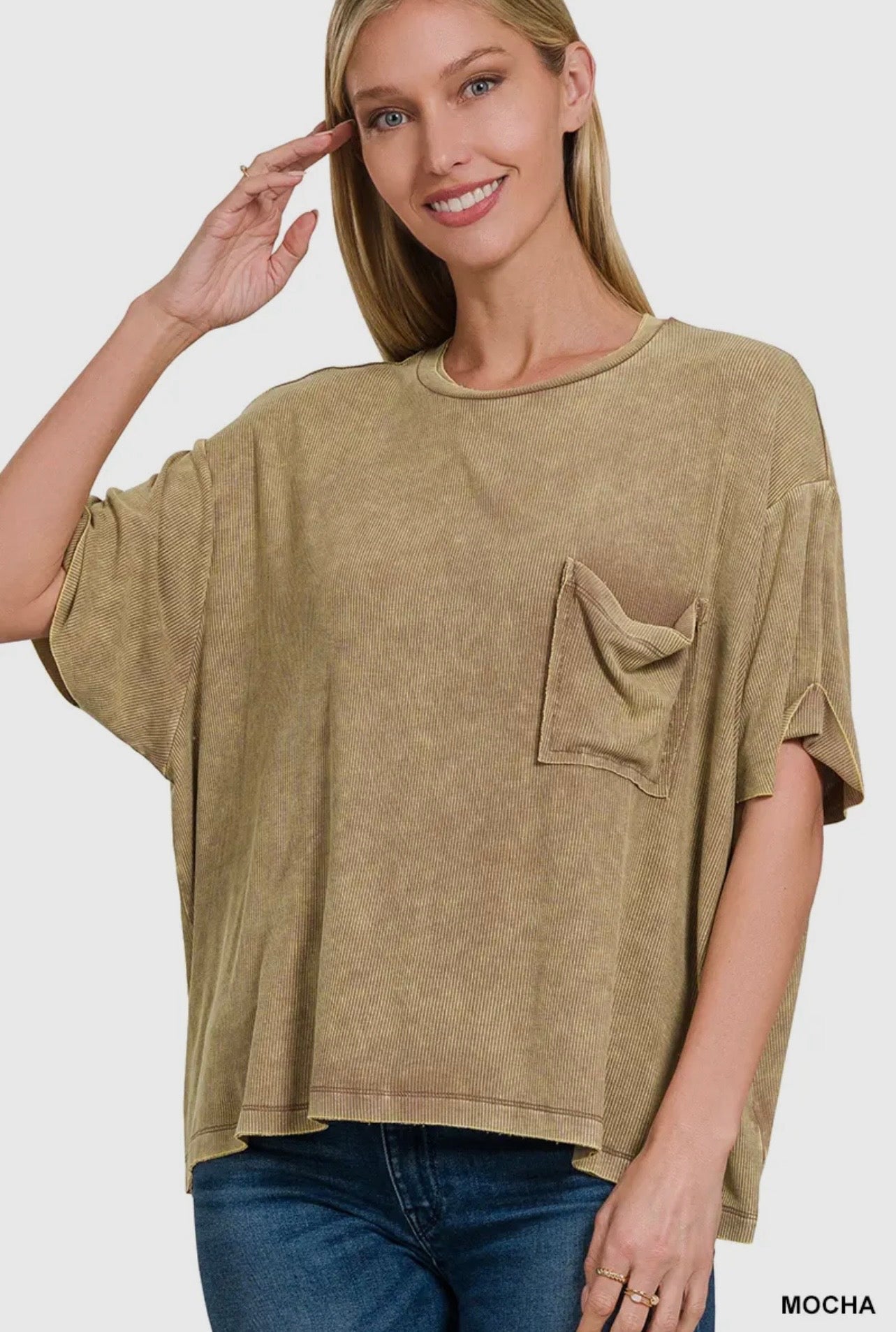 Washed Ribbed Cuffed Short Sleeve Round Neck Top
