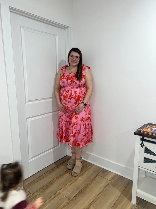 Floral Pink Tie Shoulder Midi Dress