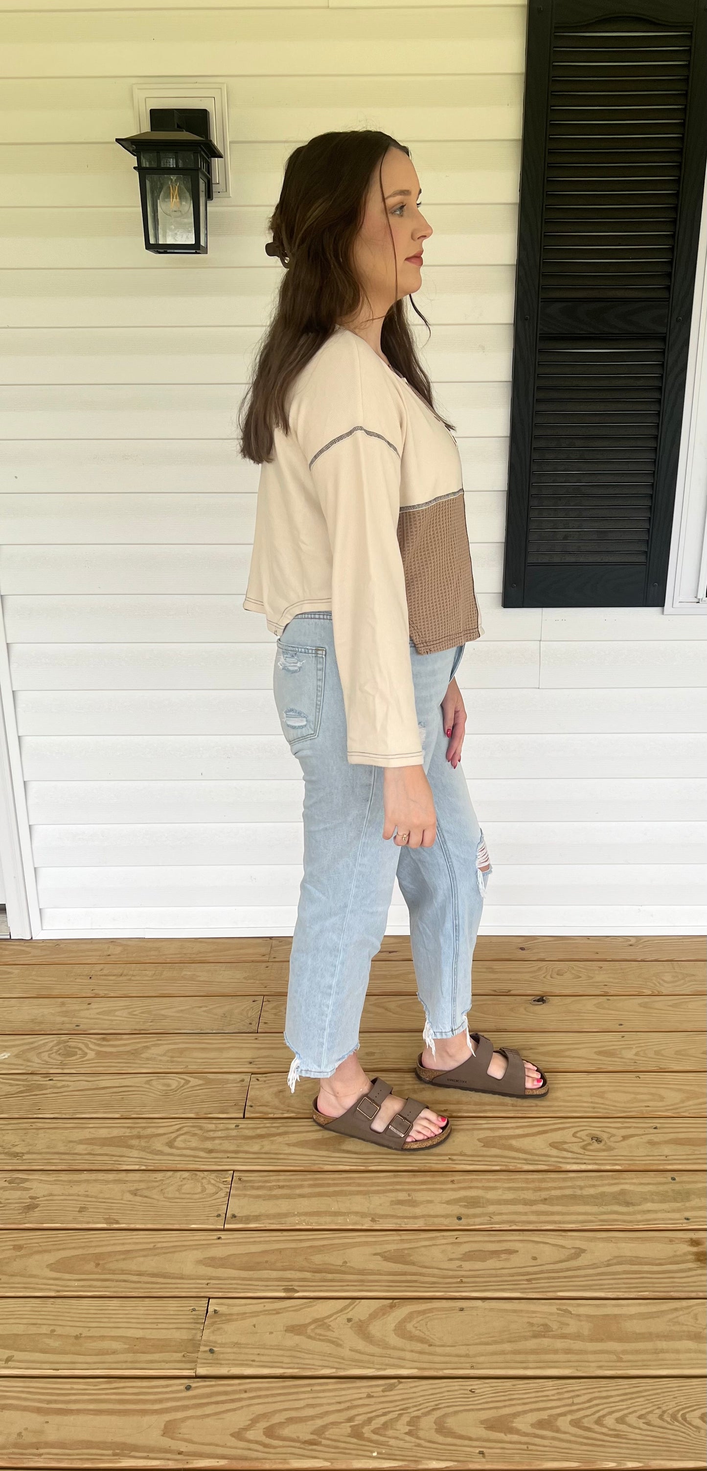 Beige Color Block Waffle Knit Long Sleeve Top