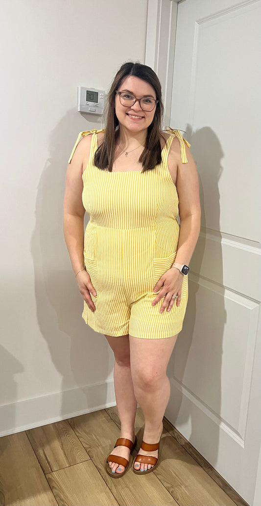 Yellow Stripe Shoulder Tie Smocked Back Romper
