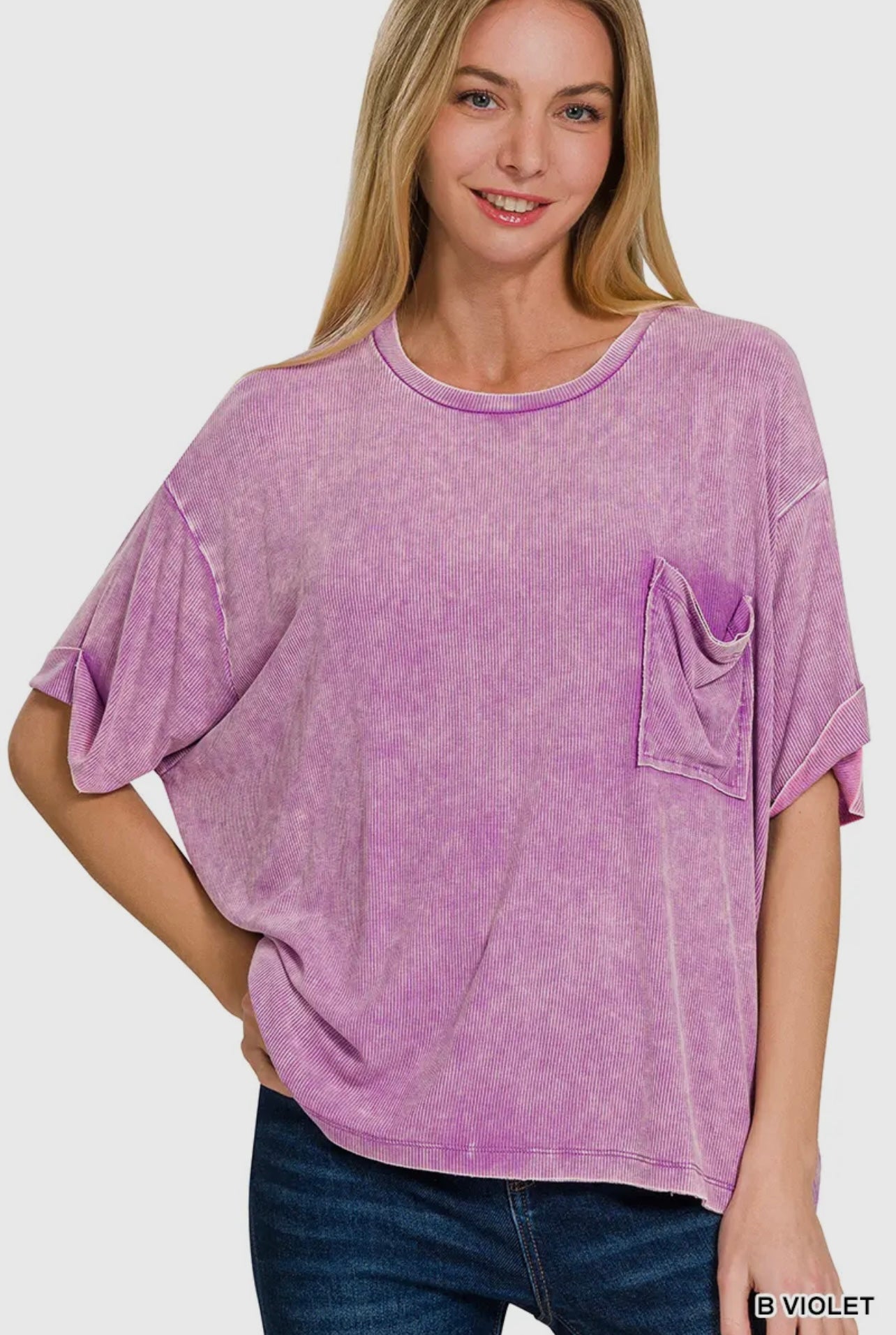 Washed Ribbed Cuffed Short Sleeve Round Neck Top