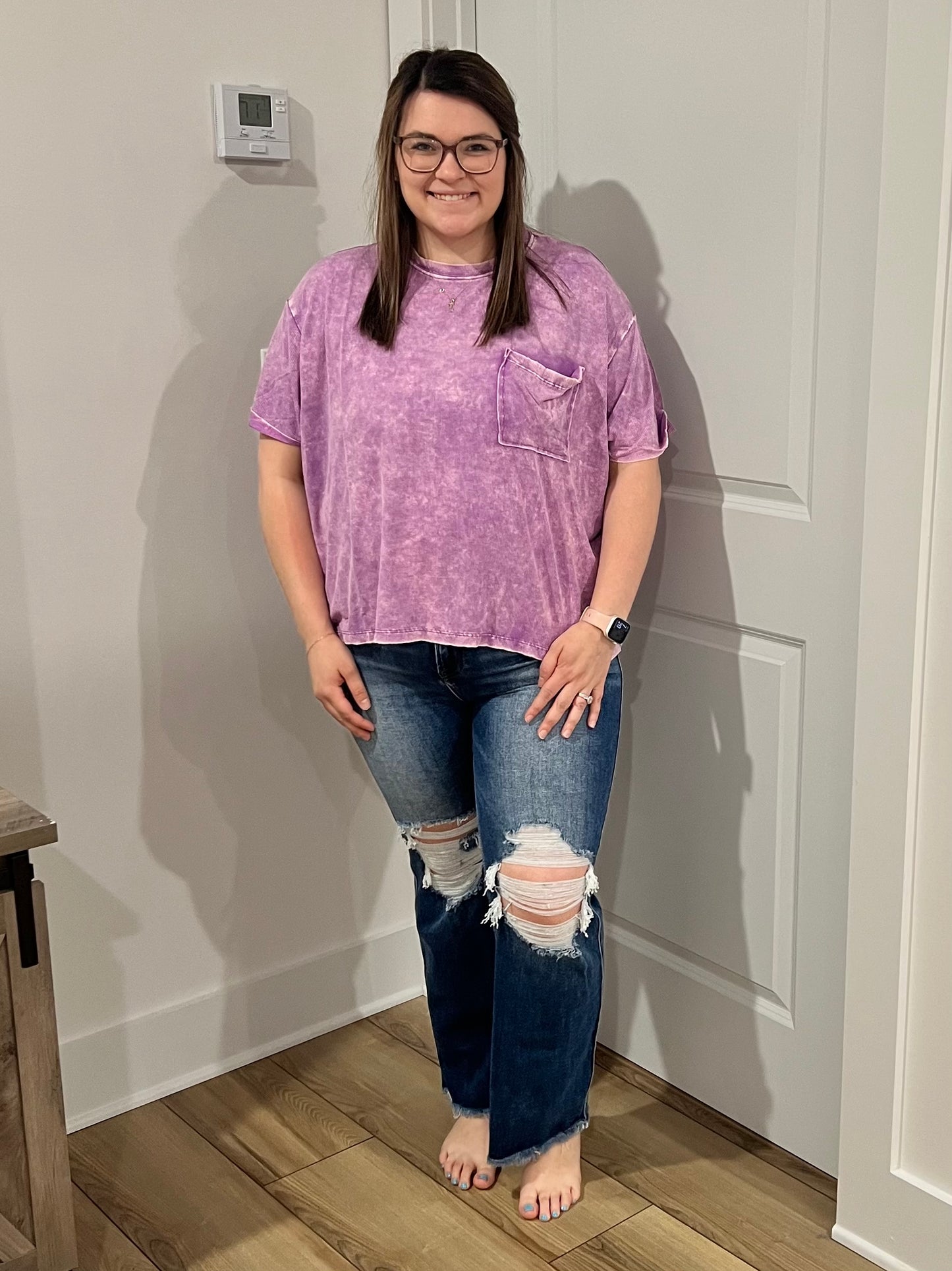 Washed Ribbed Cuffed Short Sleeve Round Neck Top