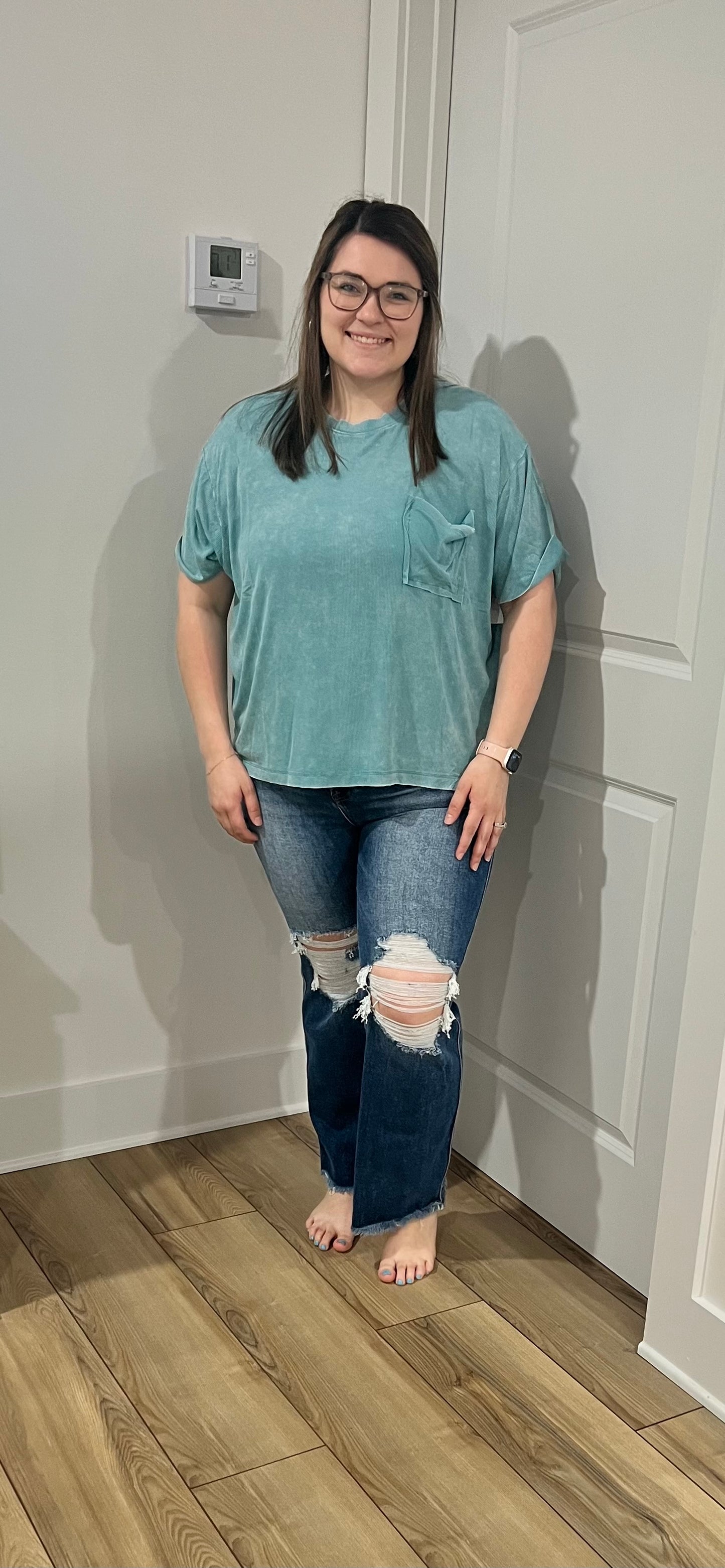 Washed Ribbed Cuffed Short Sleeve Round Neck Top