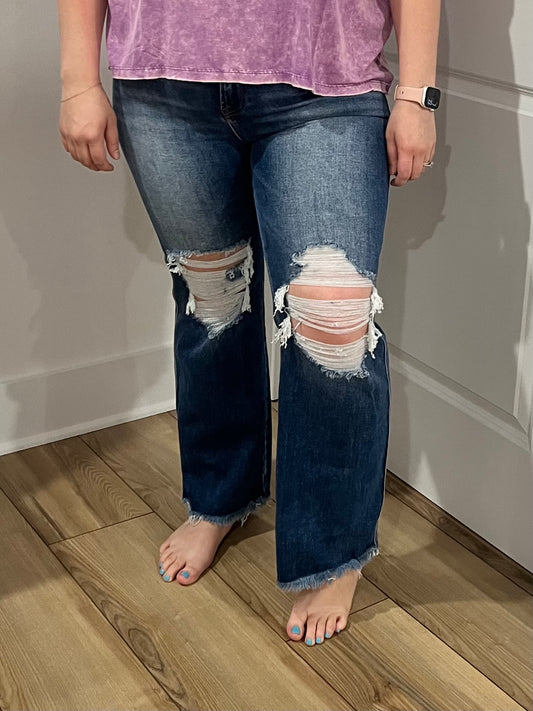 Risen Distressed Dark Wash Cropped Jeans