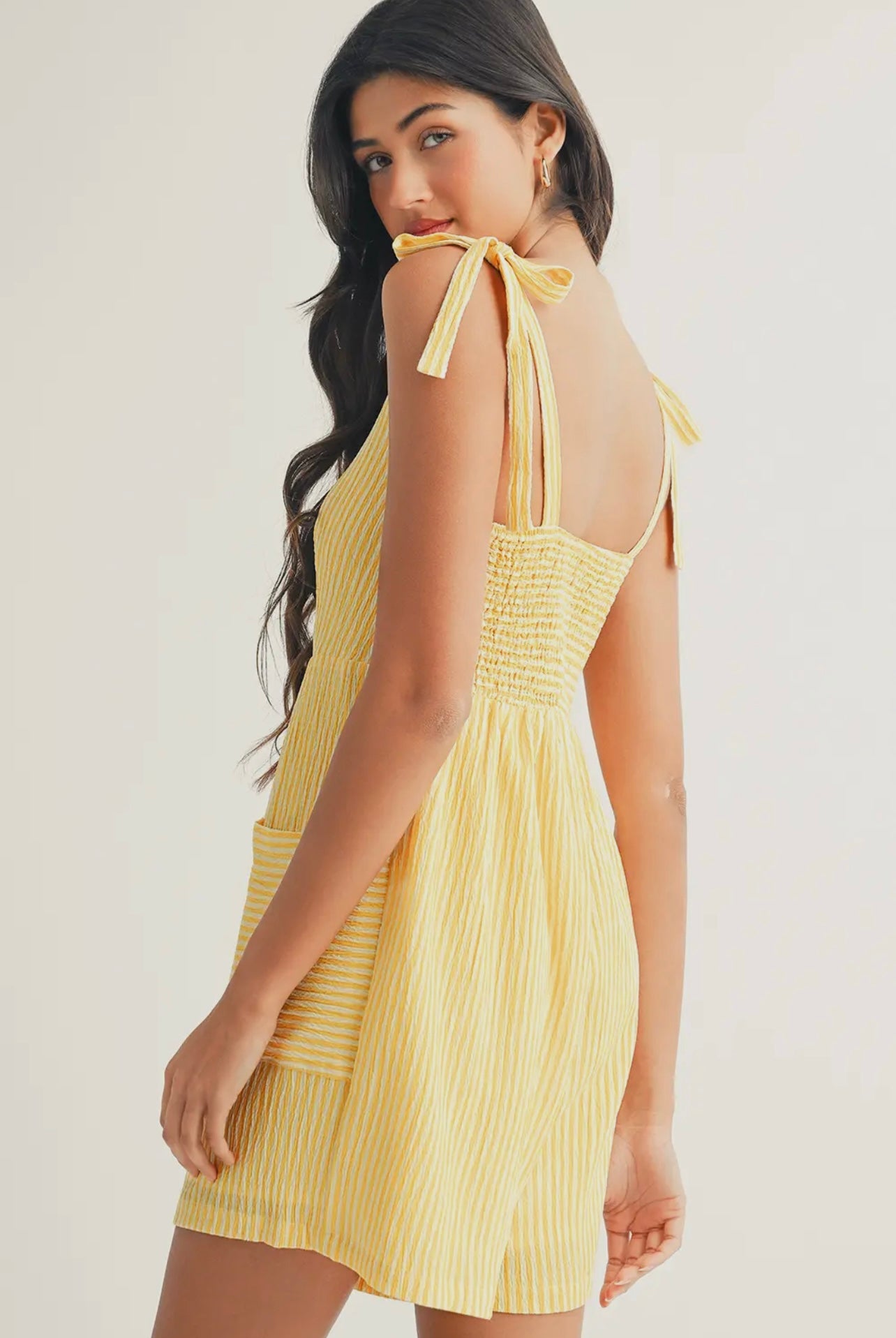 Yellow Stripe Shoulder Tie Smocked Back Romper