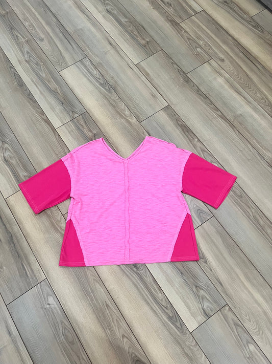Pink Contrast Patchwork 3/4 Sleeve Top