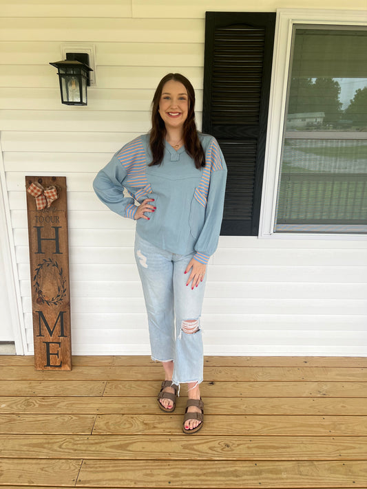 Exposed Seam Waffle Blue Striped Long Sleeve Top