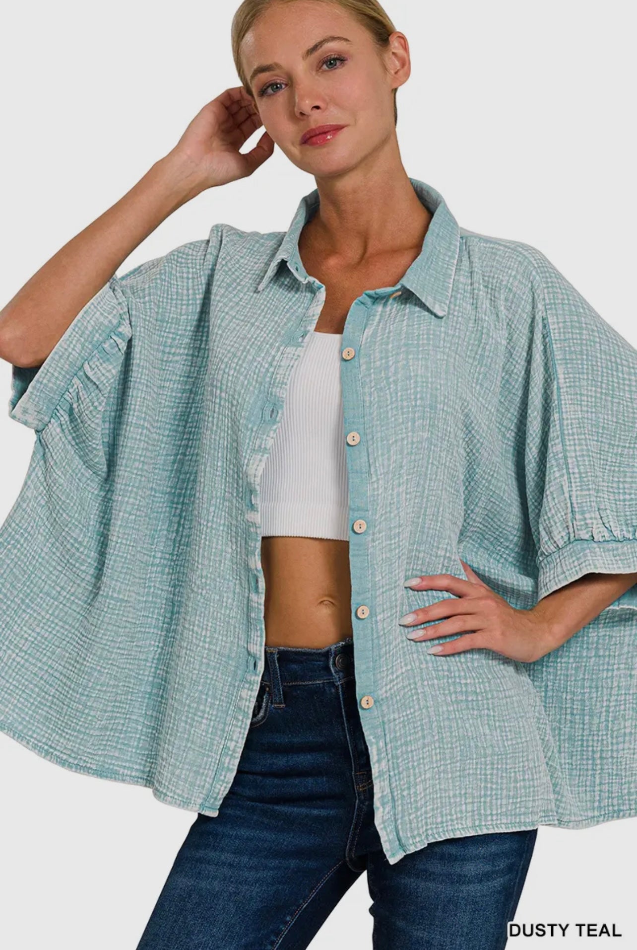 Zenana Washed Gauze Button Up