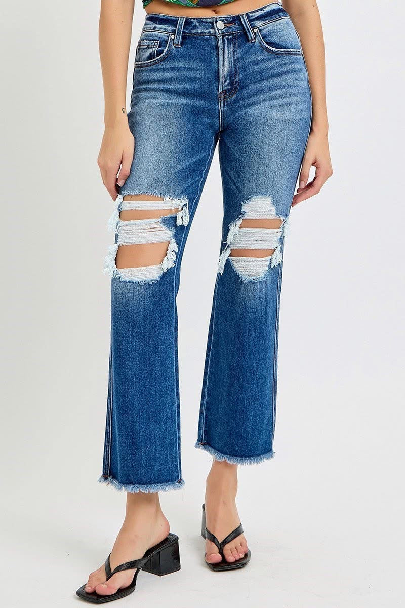 Risen Distressed Dark Wash Cropped Jeans